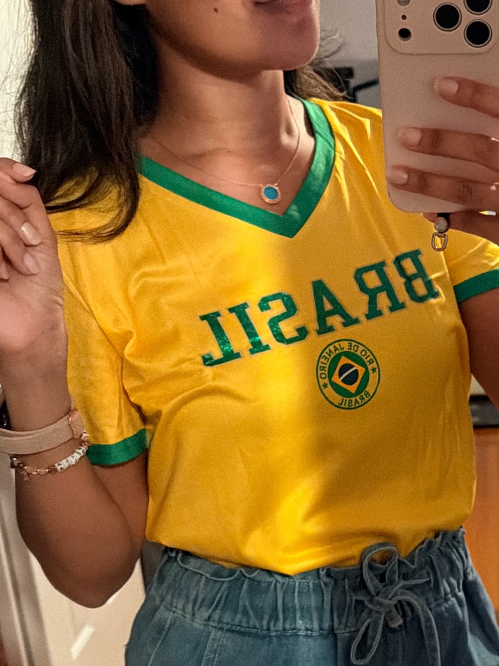 Brazil Soccer-Inspired V-Neck Jersey Top in Yellow & Green